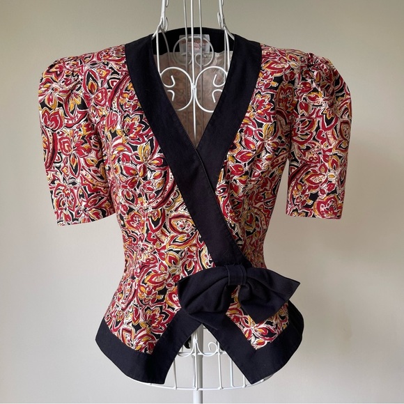 Vintage David Warren bow accent puff sleeve blouse v neck floral print size 4 - Picture 1 of 9